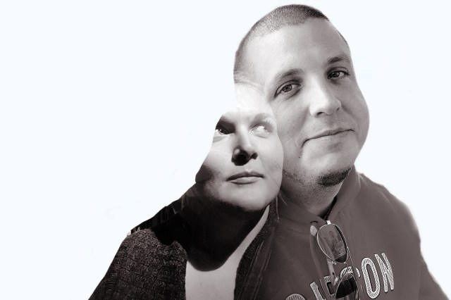 A black and white double-exposure photography of a man and a woman